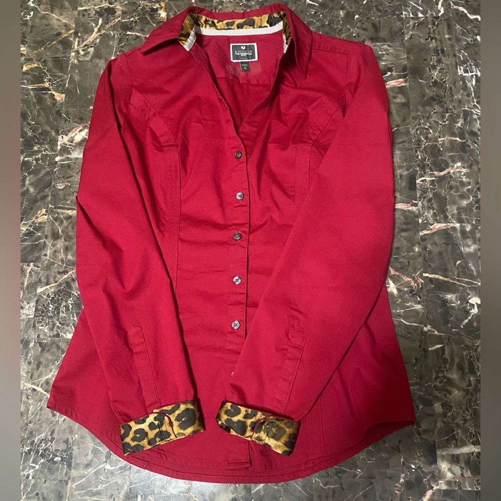 Express Red Button-Up Shirt with Leopard Trim